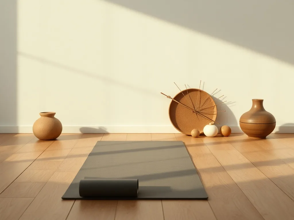 Un tapis de yoga vert clair déroulé sur un parquet, avec une brique en liège et une sangle posées à côté dans une pièce