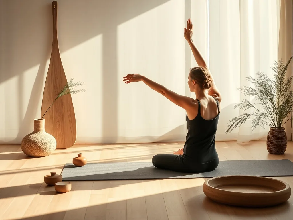 Un smartphone posé sur un tapis de yoga, affichant une application d'étirement du dos, à côté d'une brique et d'une sangle