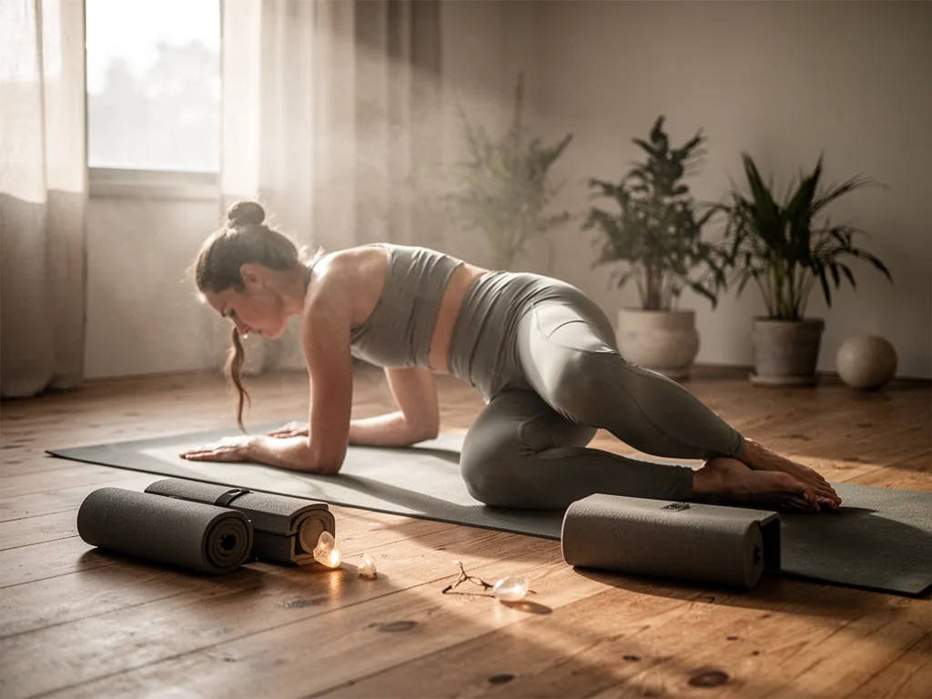 Une femme en tenue confortable s'étire sur un tapis de yoga dans une chambre lumineuse, au lever du jour