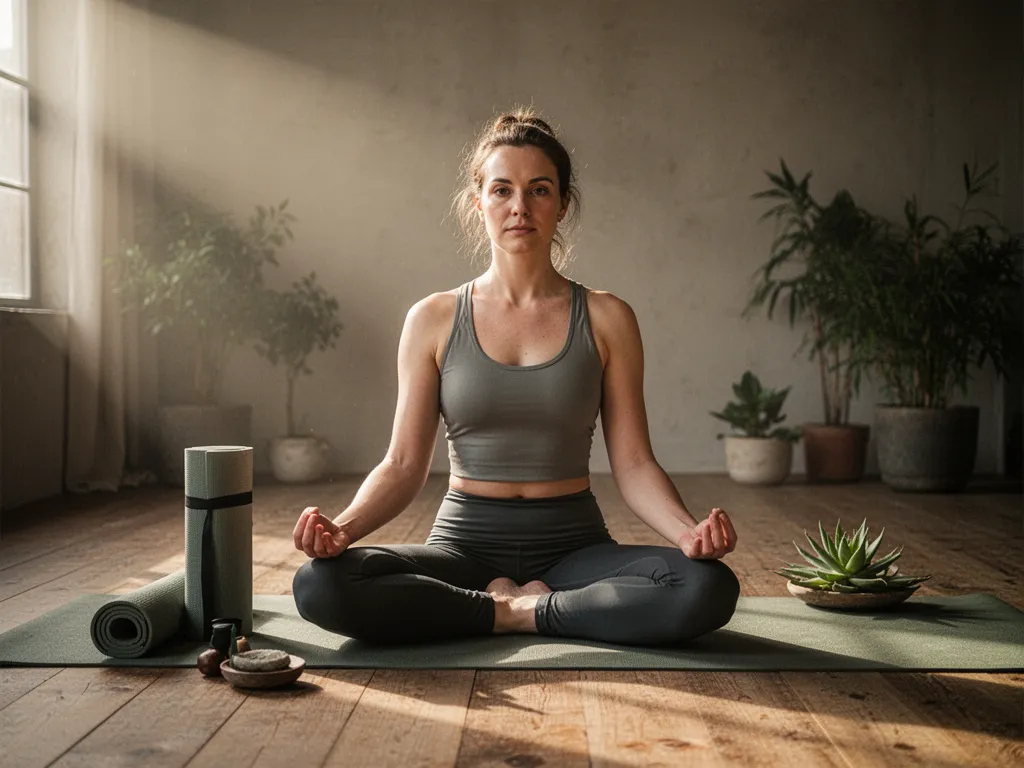 Femme assise sur un tapis de yoga, mains sur les genoux, regard apaisé dans un salon clair