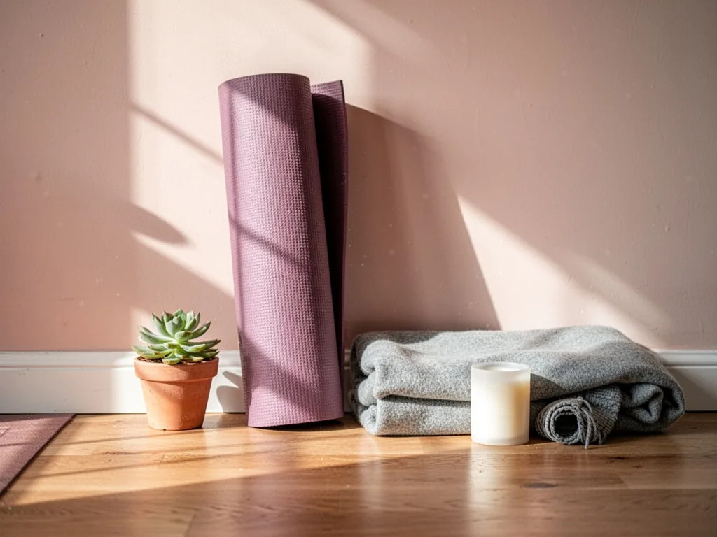 A rolled yoga mat leaning against a wall next to a small potted succulent, a folded gray blanket, and a white candle on