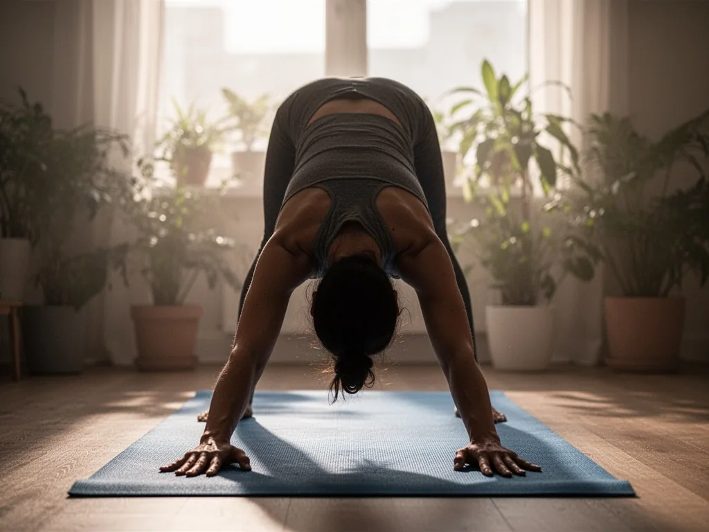 A silhouette of a person in downward-facing dog pose from behind, hands pressing into a blue yoga mat, soft morning ligh