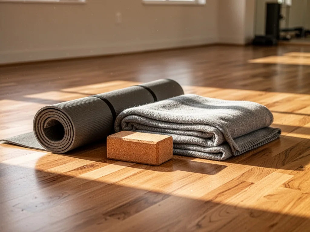 A rolled yoga mat beside a folded gray blanket and a single cork block, warm morning sunlight streams across polished wo