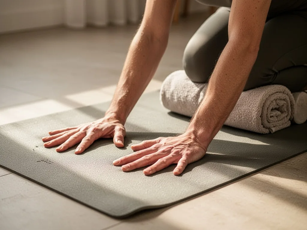 A pair of hands pressing flat on a yoga mat, fingers spread wide, a rolled towel under the knees for lumbar support, sof