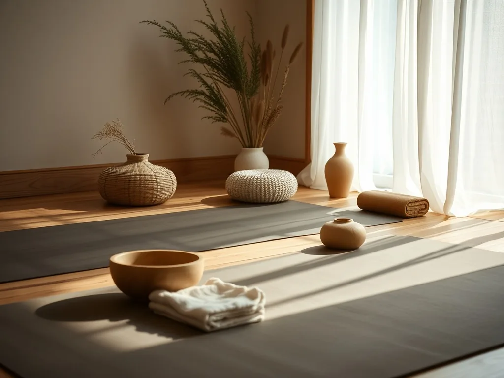 Une femme assise en tailleur sur un tapis de yoga, le dos droit, les mains posées sur les genoux, dans un salon lumineux