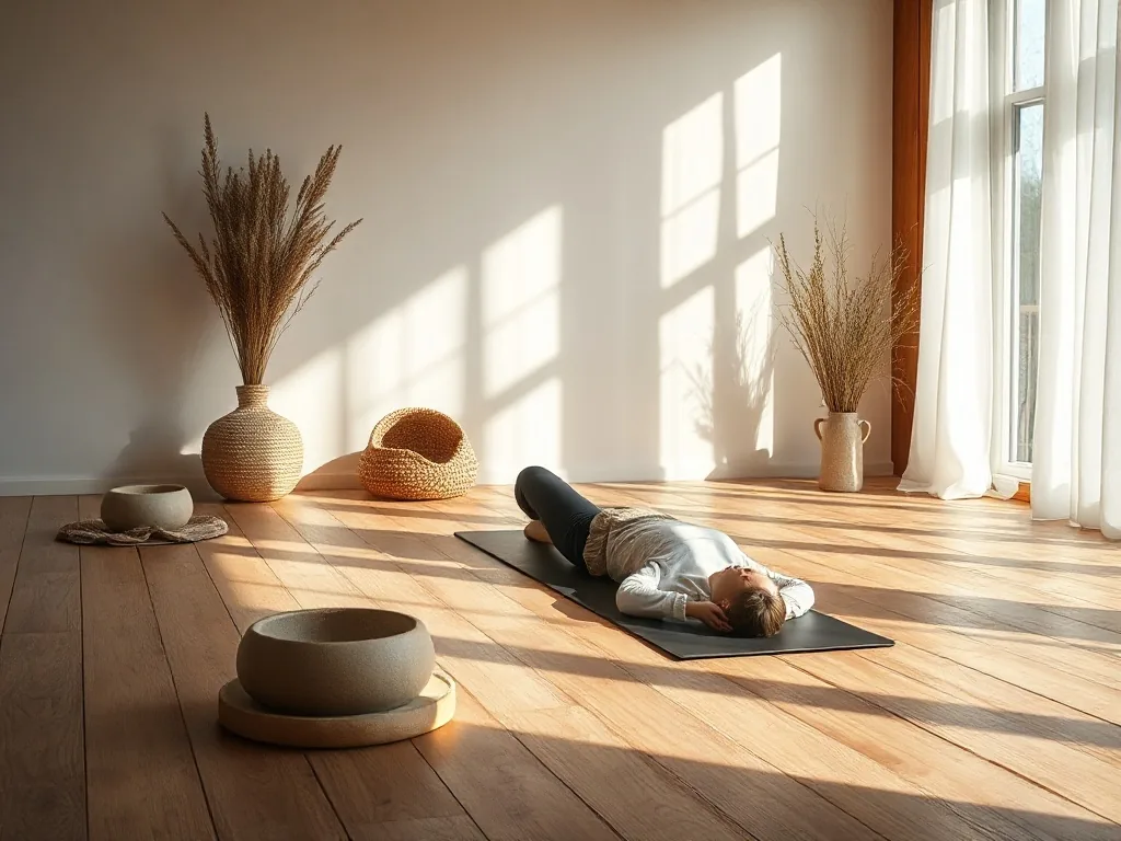 Une femme souriante d'une soixantaine d'années tient une posture d'équilibre simple dans un studio lumineux, une brique de yoga à portée de main.