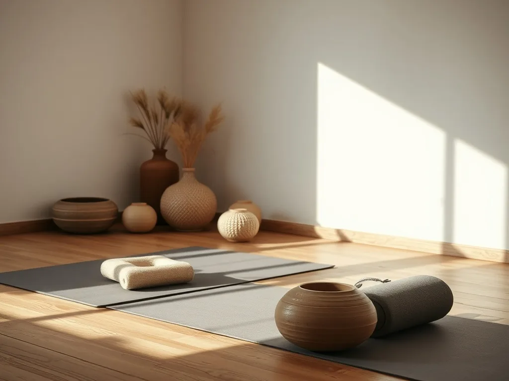 Une femme enceinte assise en tailleur sur un tapis de yoga, les mains posées sur le ventre, dans une pièce lumineuse et