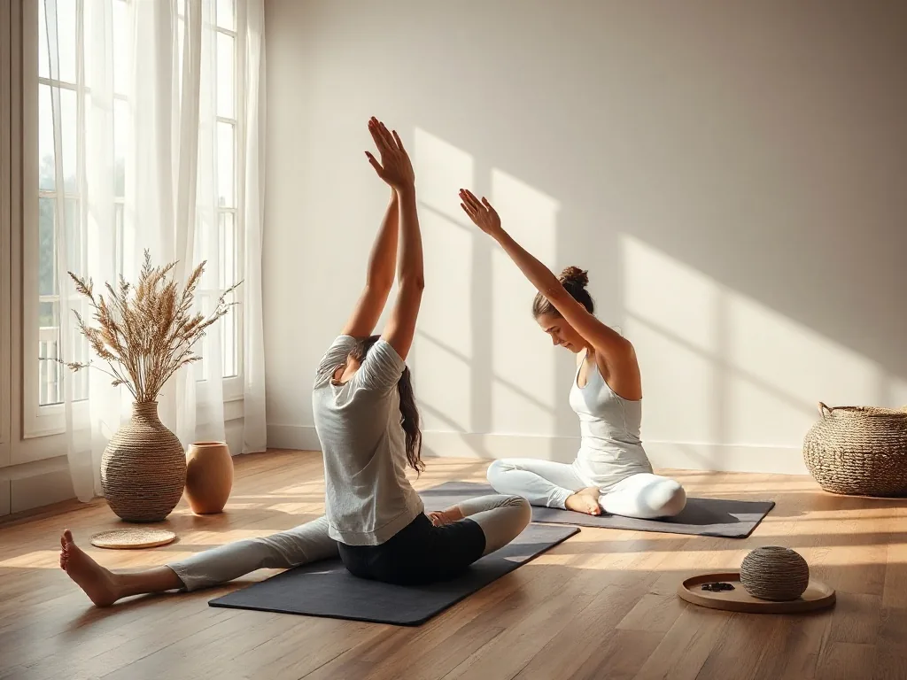 Une femme assise sur un tapis, jambes tendues, le buste incliné vers l'avant, une tablette posée au sol diffuse une séance d'étirements pour le dos, dans un intérieur sobre.