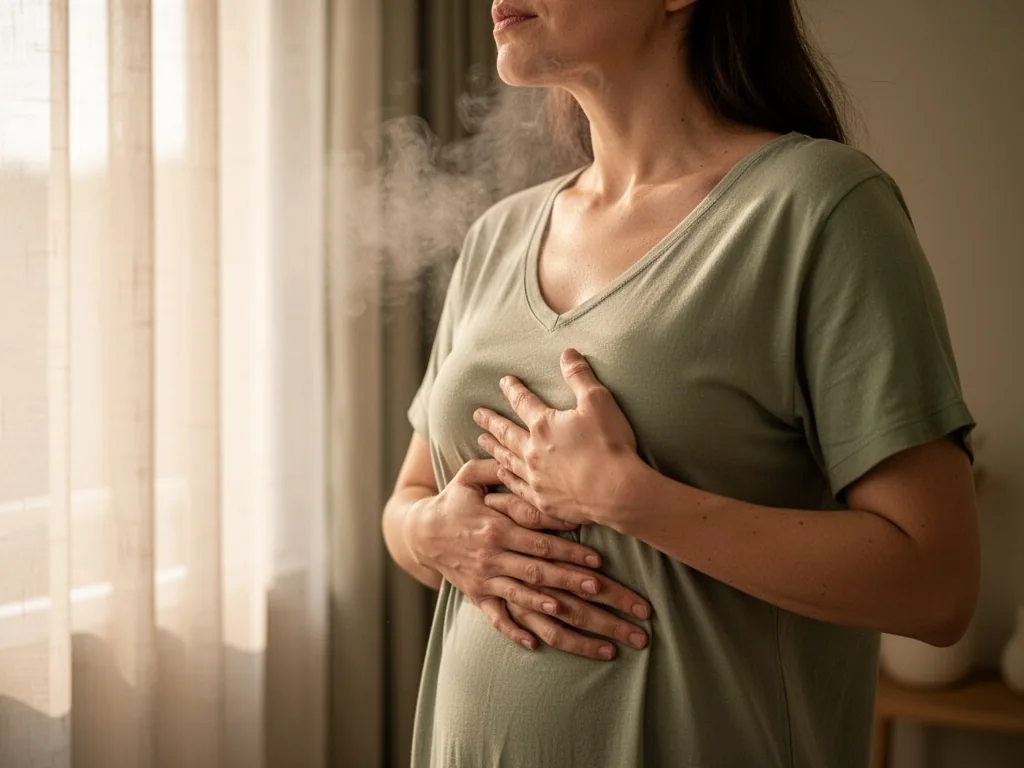 A woman's hands resting on her ribcage, chest rising gently, soft morning light through sheer curtains, breath visible a