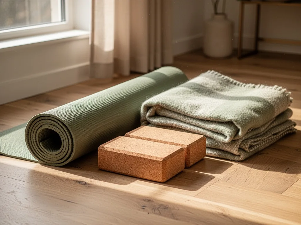A rolled yoga mat beside a folded blanket and two cork blocks on a wooden floor, sunlight streaming in from a nearby win