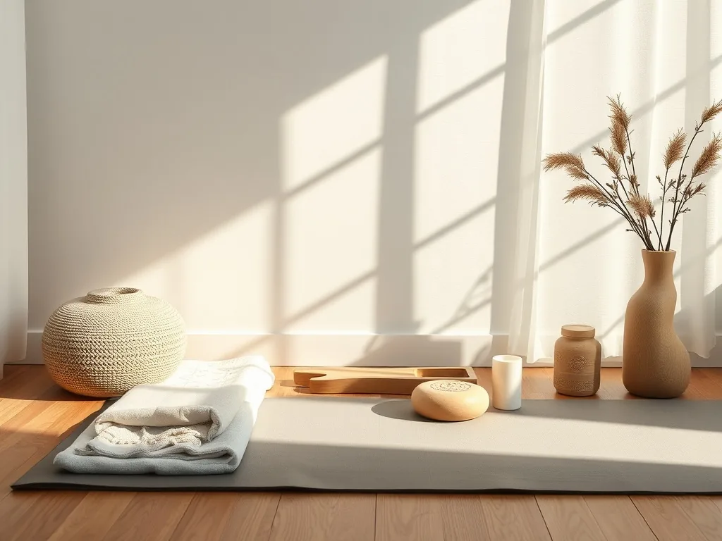 Un tapis de yoga déroulé sur un parquet, deux briques en mousse posées à côté, une sangle enroulée et un coussin de