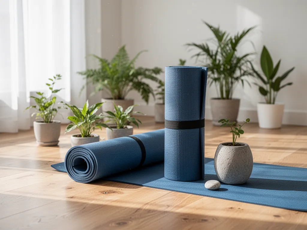 Maman en posture de yoga sur un tapis bleu, bébé posé sur une couverture à côté, quelques blocs et une sangle visibles