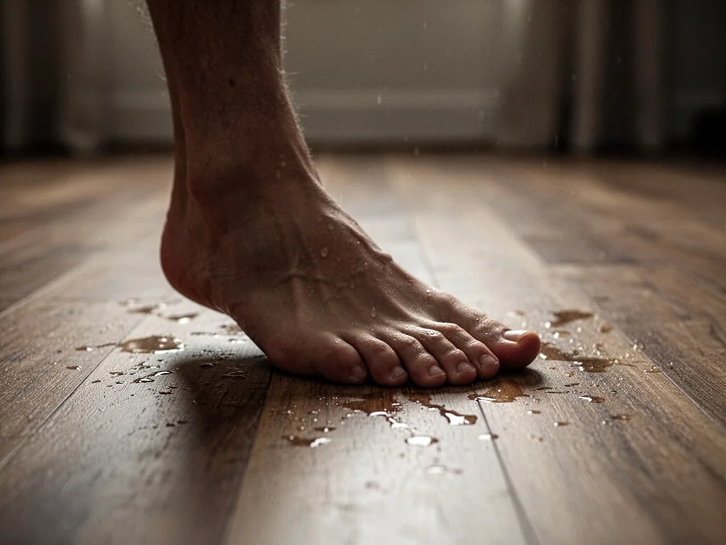 A single foot shifting on a wooden floor, toes curled slightly, sweat droplets on mat, soft overhead light creating tens