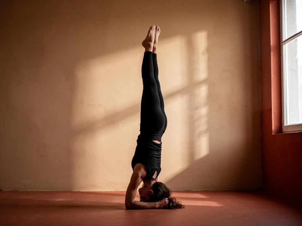 A silhouette of a person performing a headstand against a softly lit wall, feet pointing upward, gentle shadows, calm st