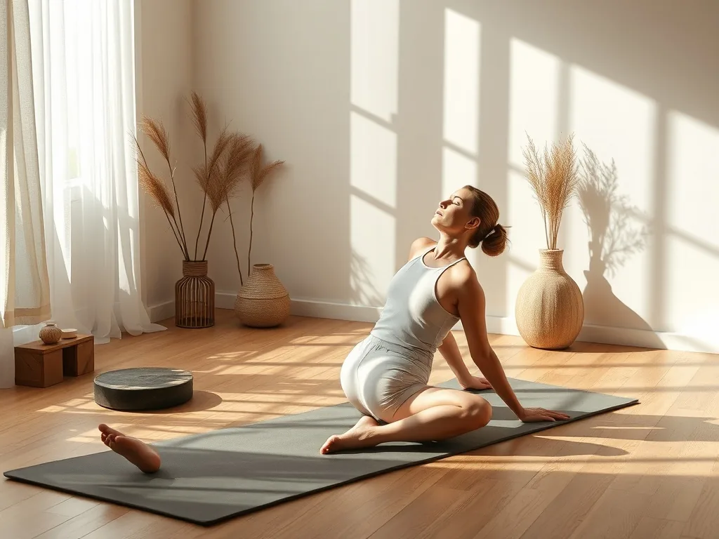 Une femme en équilibre sur les avant-bras, jambes pliées, devant un mur blanc, dans une salle lumineuse