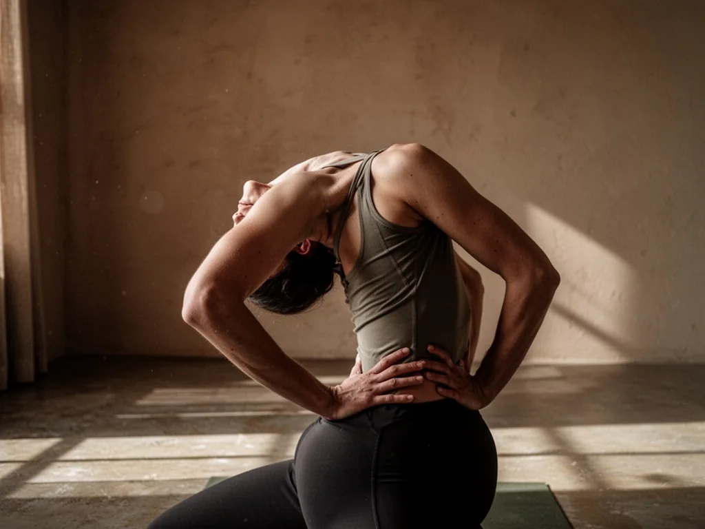 A yoga practitioner's torso and arms, hands on hips, slowly arching backward into camel pose over three breaths, soft si