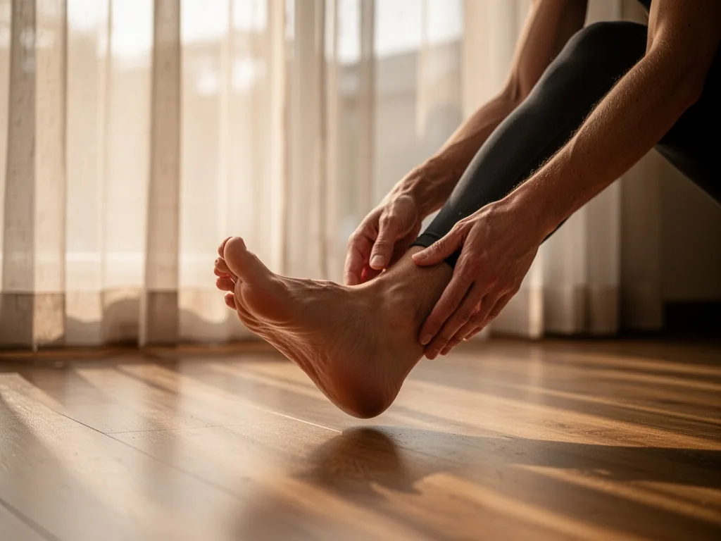 A yoga practitioner's foot hovering inches above a wooden floor, one hand reaching toward the ankle, soft morning light 