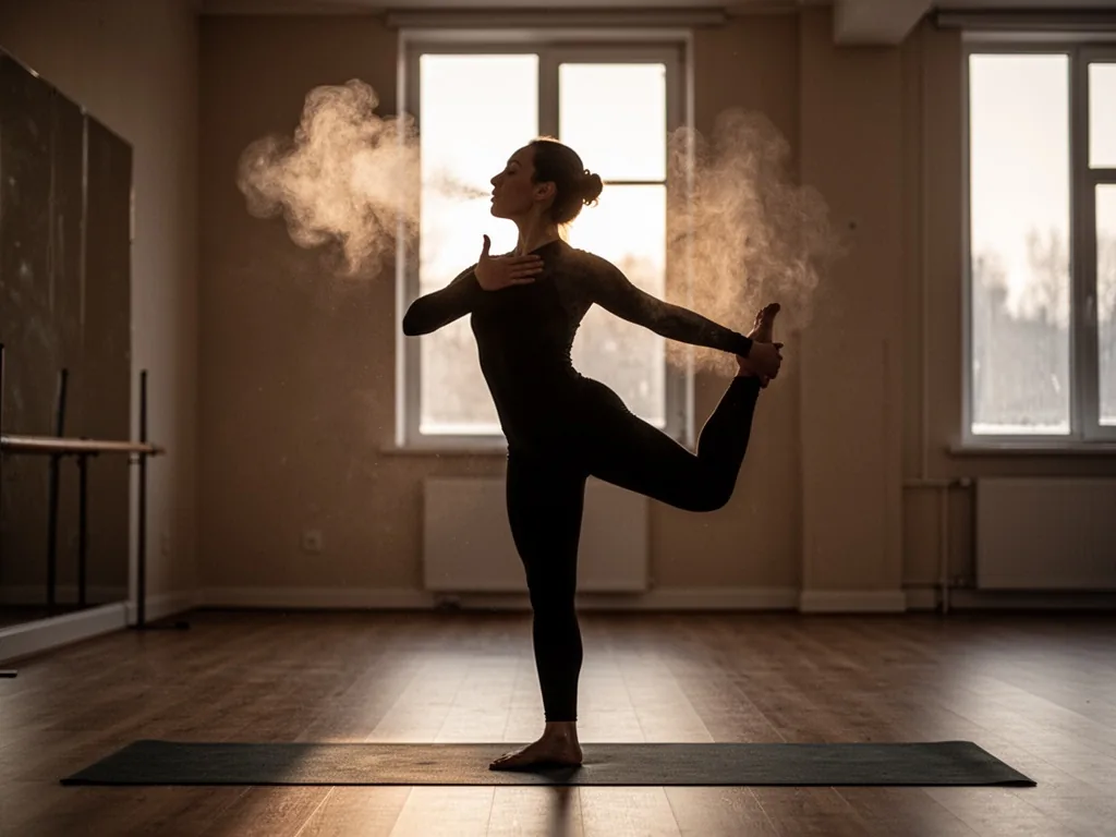 A silhouette of a dancer in Standing Bow pose, chest expanding, a faint mist of exhaled breath in cool dawn air, empty s