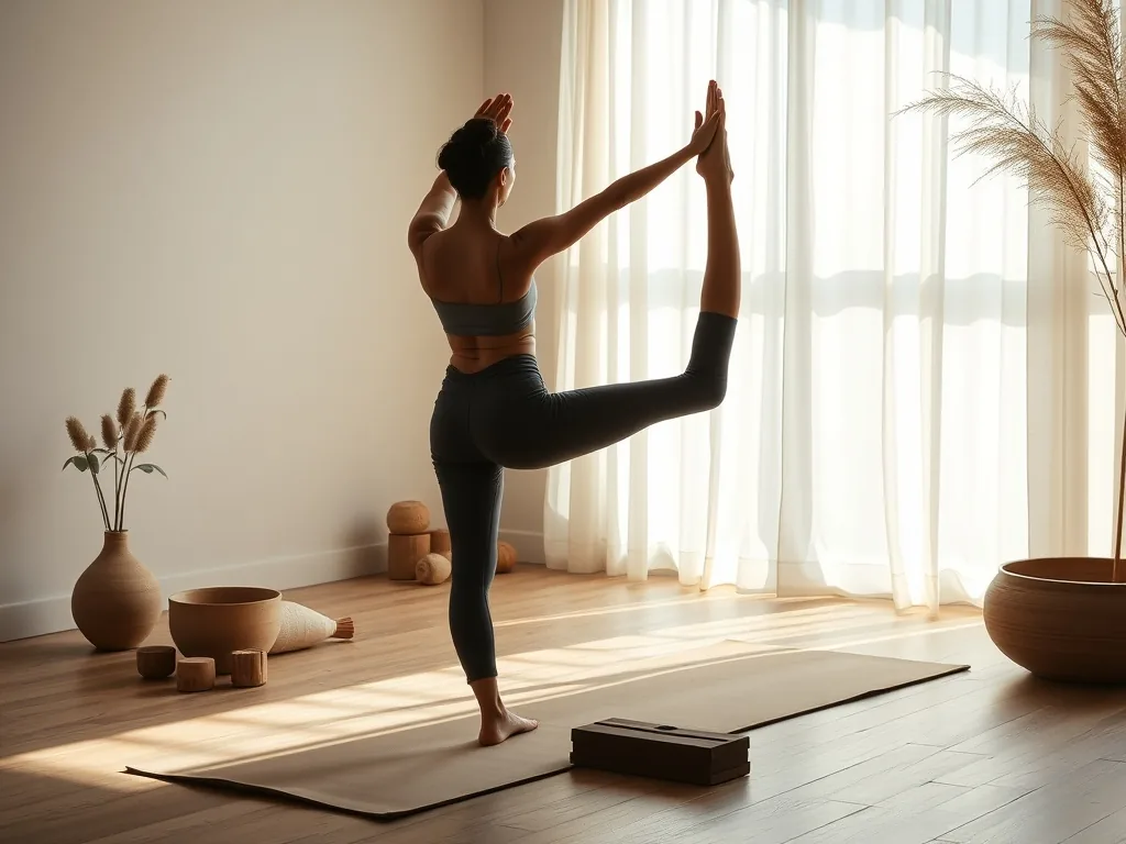 Une femme debout sur une jambe, le buste penché vers l'avant, une main tenant le pied arrière levé, l'autre bras tendu devant elle dans une posture d'équilibre inspirée du danseur.