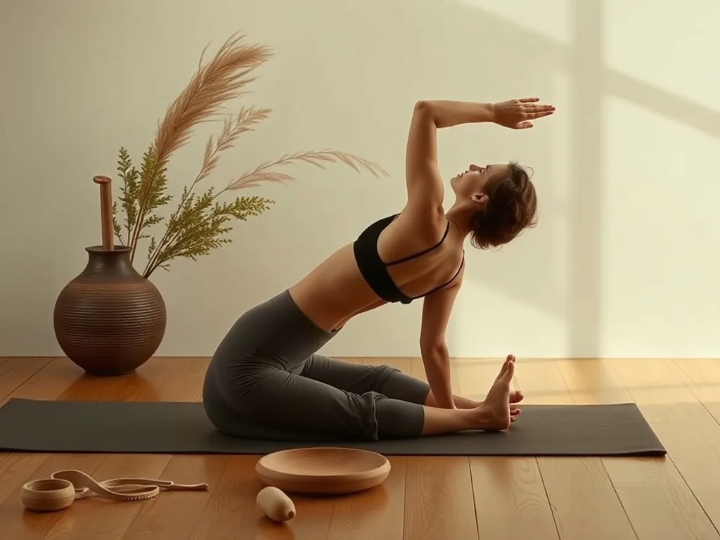 Une femme assise en posture du papillon sur un tapis de yoga, les plantes de pieds jointes, le dos droit, les mains posées