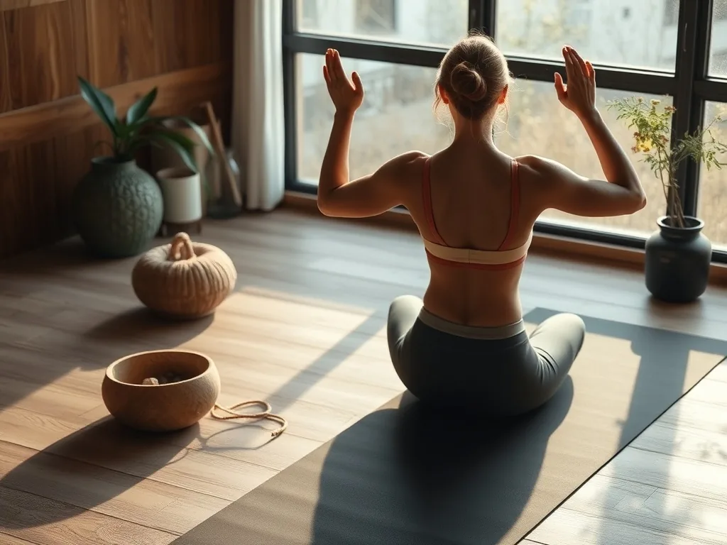 Femme en tenue de sport tenant la posture du guerrier II sur un tapis de yoga dans un salon lumineux