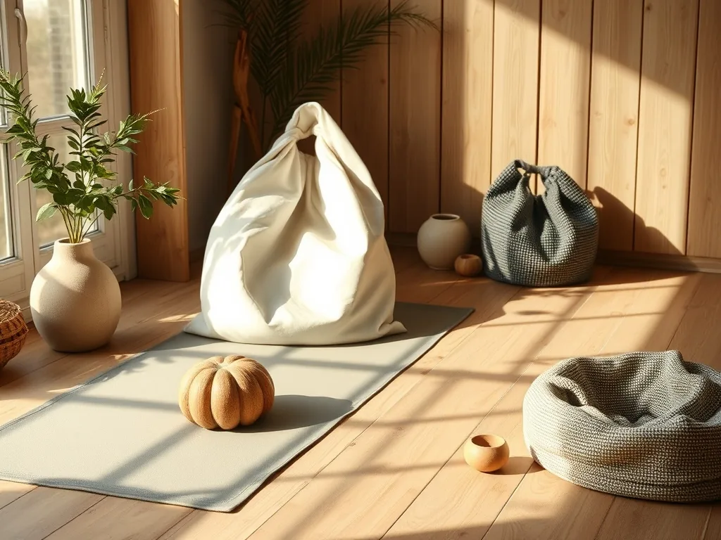 Un sac à dos yoga en tissu épais posé au sol, un tapis de yoga enroulé dépassant légèrement, à côté d'une brique et d'une sangle