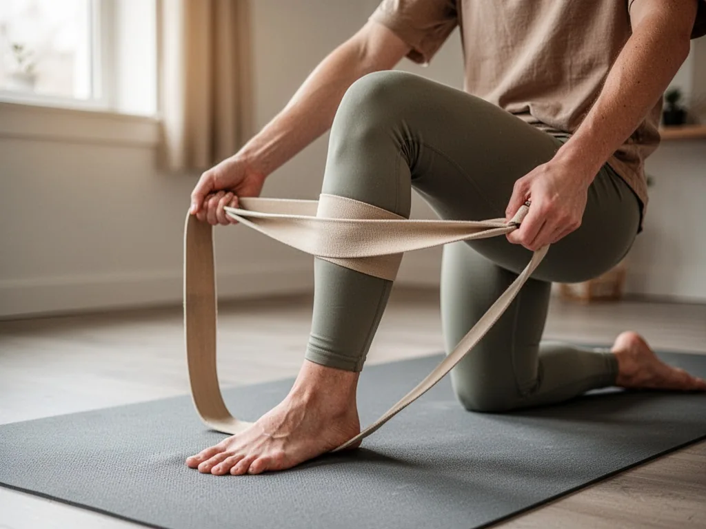 A yoga strap wrapped around a bent knee, hands gripping both ends, on a grey mat, soft window light, mid-stretch pose, n