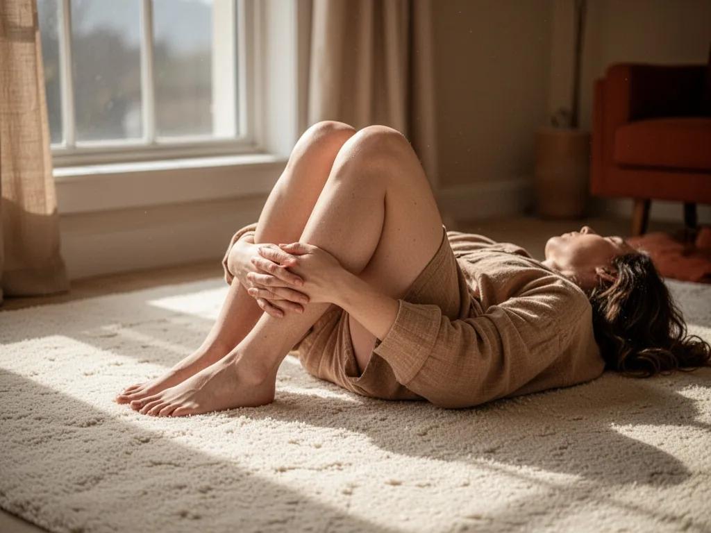 A person lying on a soft cream carpet with knees hugged to chest, hands clasped around shins, gentle daylight streaming