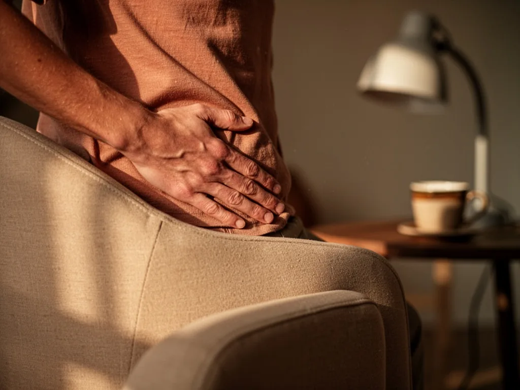 A close-up of a hand pressing on the lower back of a seated figure in a beige chair, blurred desk lamp and coffee cup in