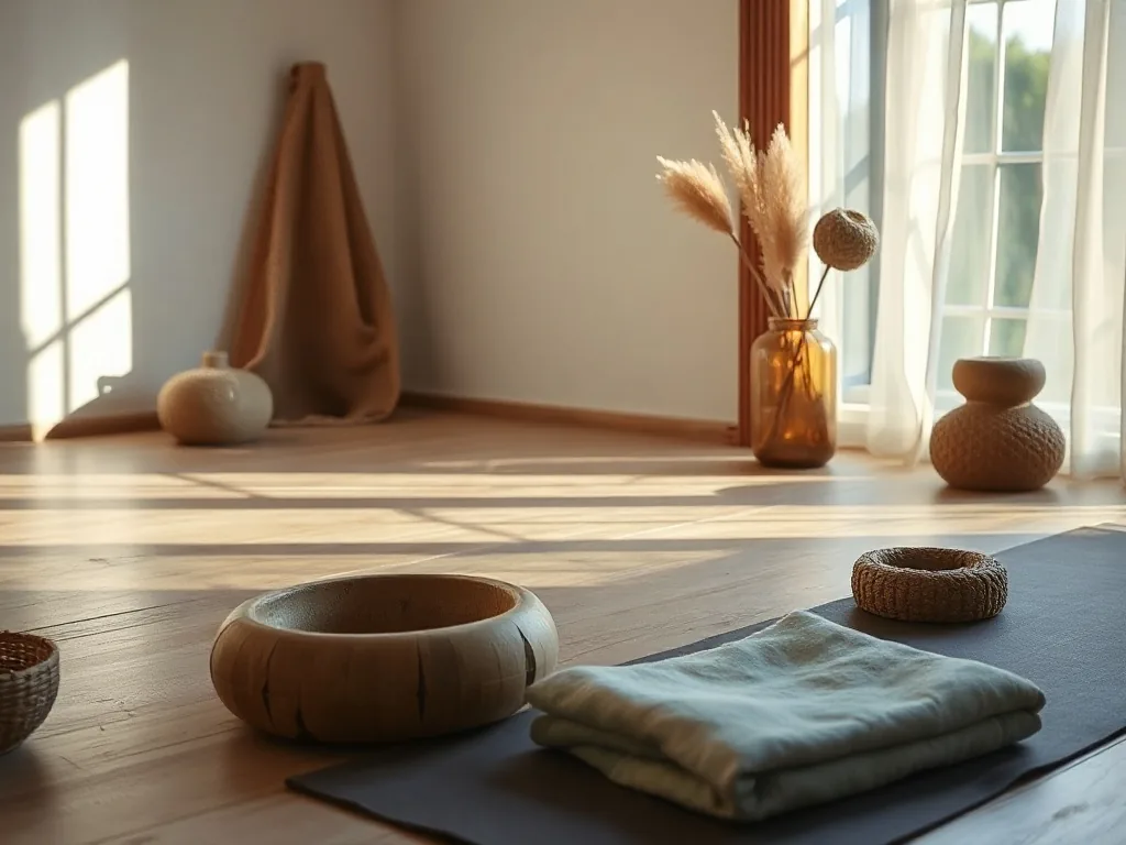 Une salle de yoga lumineuse à Montpellier, avec des tapis alignés face à une grande fenêtre donnant sur des platanes.