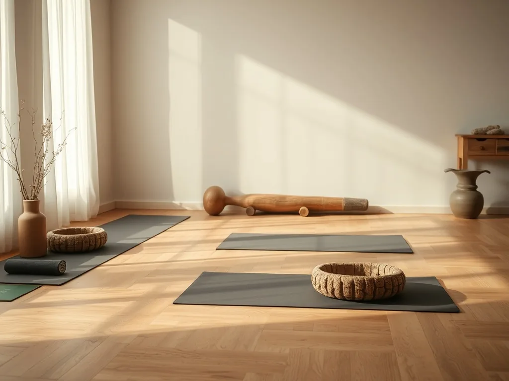 Une salle de yoga aux murs de briques toulousaines, éclairée aux chandelles, avec des pratiquants immobiles dans des