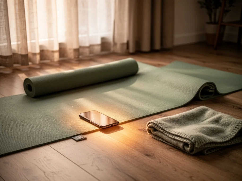 A yoga mat unrolled on a wooden floor with a smartphone casting a warm glow, a folded blanket nearby, soft morning light