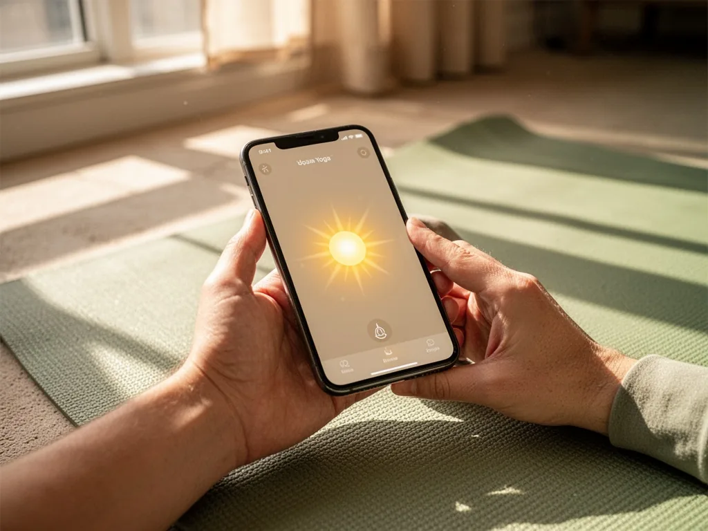 A hand holding a smartphone displaying a yoga app interface with a glowing sun icon, resting on a yoga mat, afternoon su