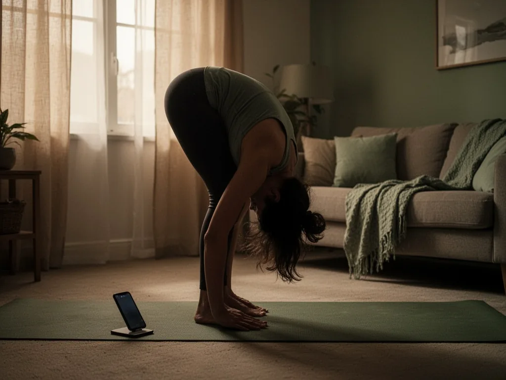 A silhouette of a person doing a forward fold incorrectly with rounded back, a smartphone on the floor beside them, dim