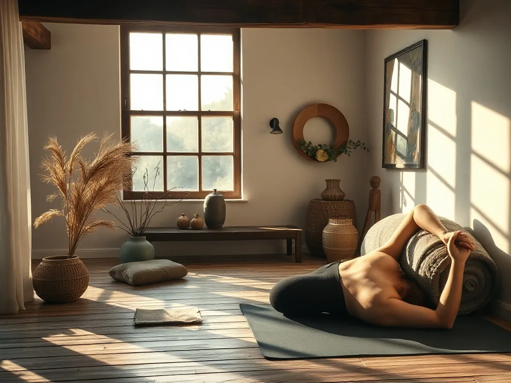 Une femme allongée sur un tapis de yoga dans un salon lumineux, son téléphone posé à côté avec une application de yoga ouverte