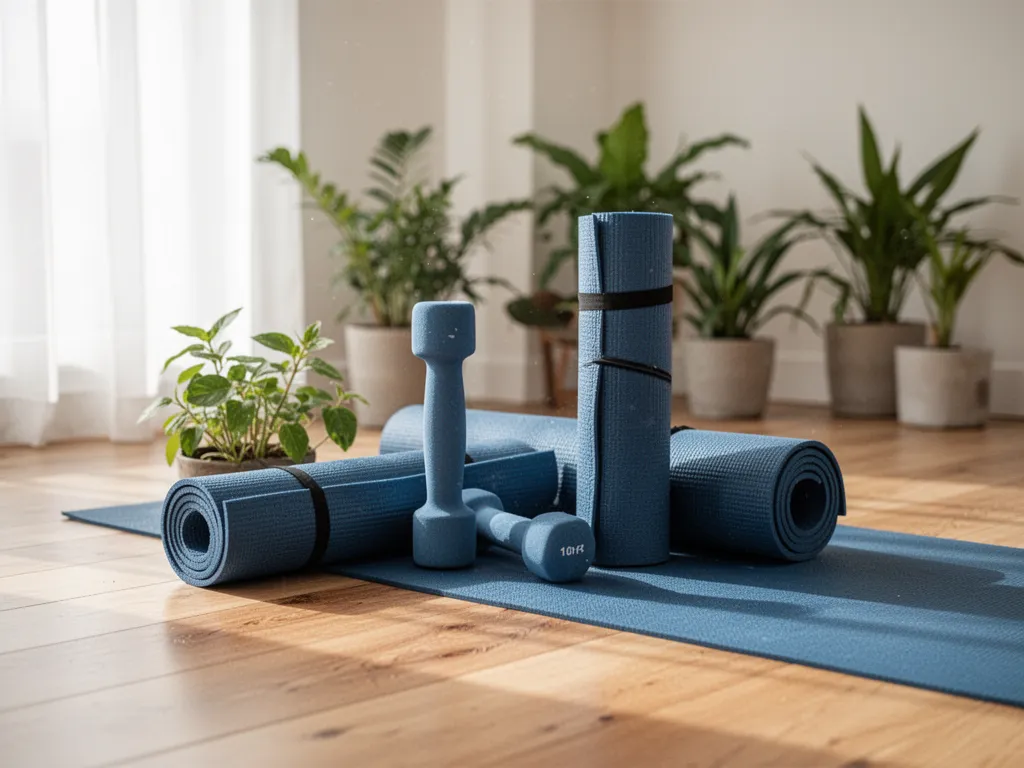 Une femme en jogging déroule un tapis de yoga dans son salon, un bébé joue à côté sur un tapis d'éveil