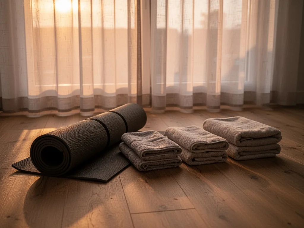 A rolled yoga mat on a wooden floor, four folded towels in a row beside it, soft dawn light through sheer curtains