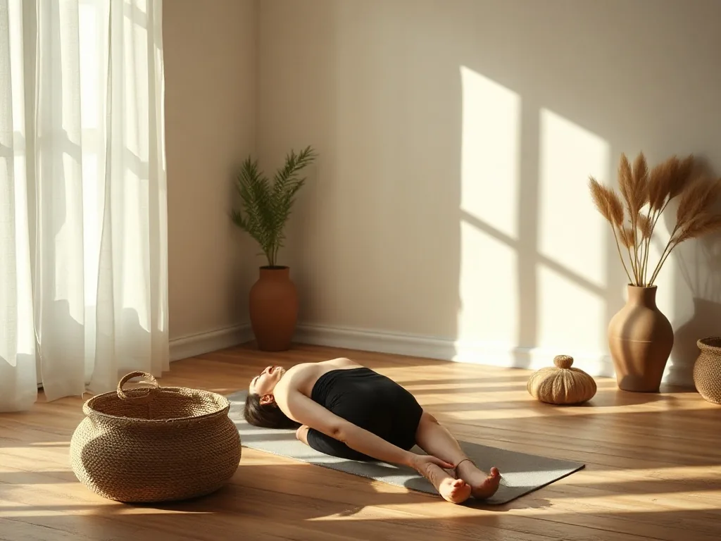 Femme allongée sur un tapis de yoga dans une chambre au matin, genoux repliés vers la poitrine, yeux fermés, lumière douce