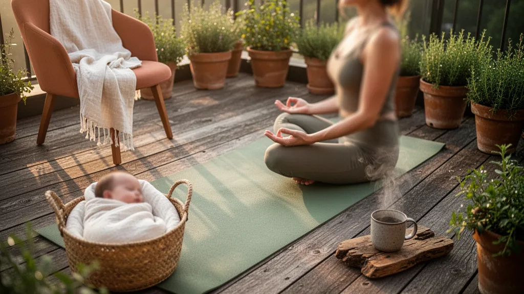 Une femme étire ses bras sur un tapis de yoga dans un salon lumineux, une tasse à côté