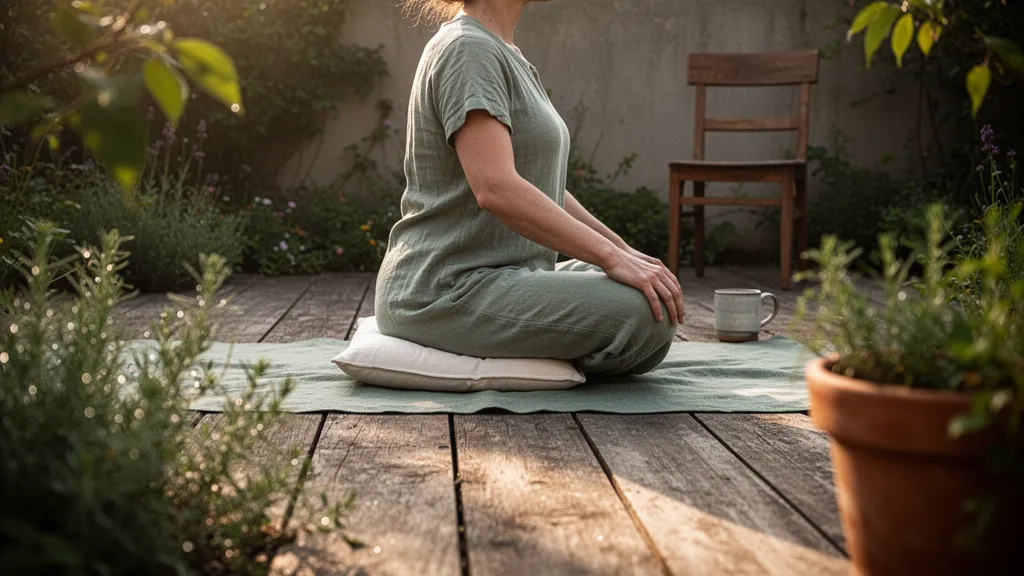 Une femme pratique des postures de yoga douces au sol sur un tapis dans un salon lumineux