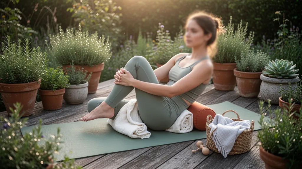 Une femme pratique une posture douce de yoga sur un tapis dans un salon lumineux, genoux pliés et dos relâché