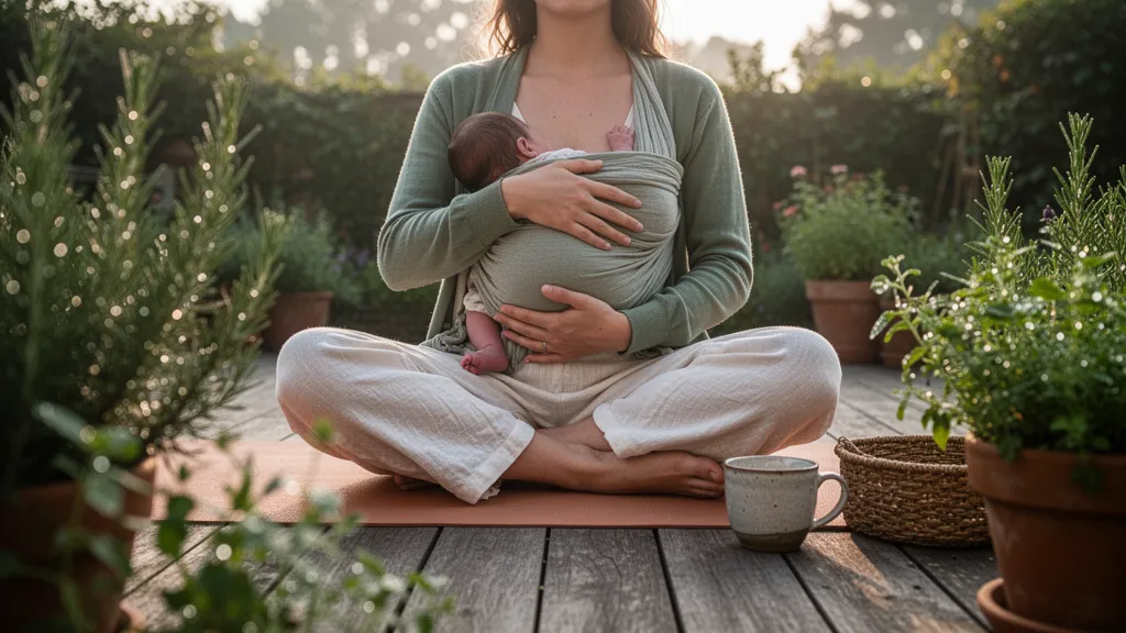 Une maman sur un tapis de yoga, bébé allongé sur un tapis d'éveil à côté