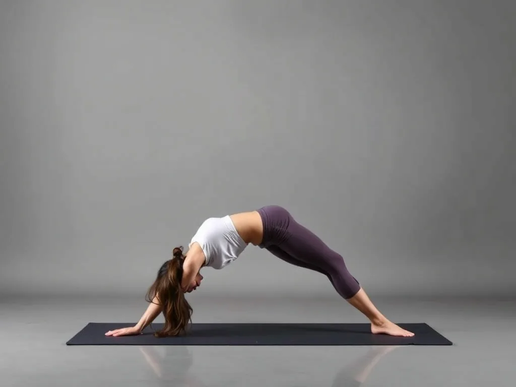 Femme en tenue de yoga debout sur un tapis, les mains jointes devant la poitrine dans Tadasana, la posture de la montagne