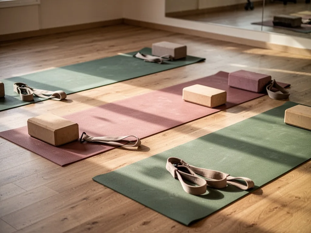 Three yoga mats in different colors on a wooden floor, each with a block and strap, soft morning light casting gentle sh