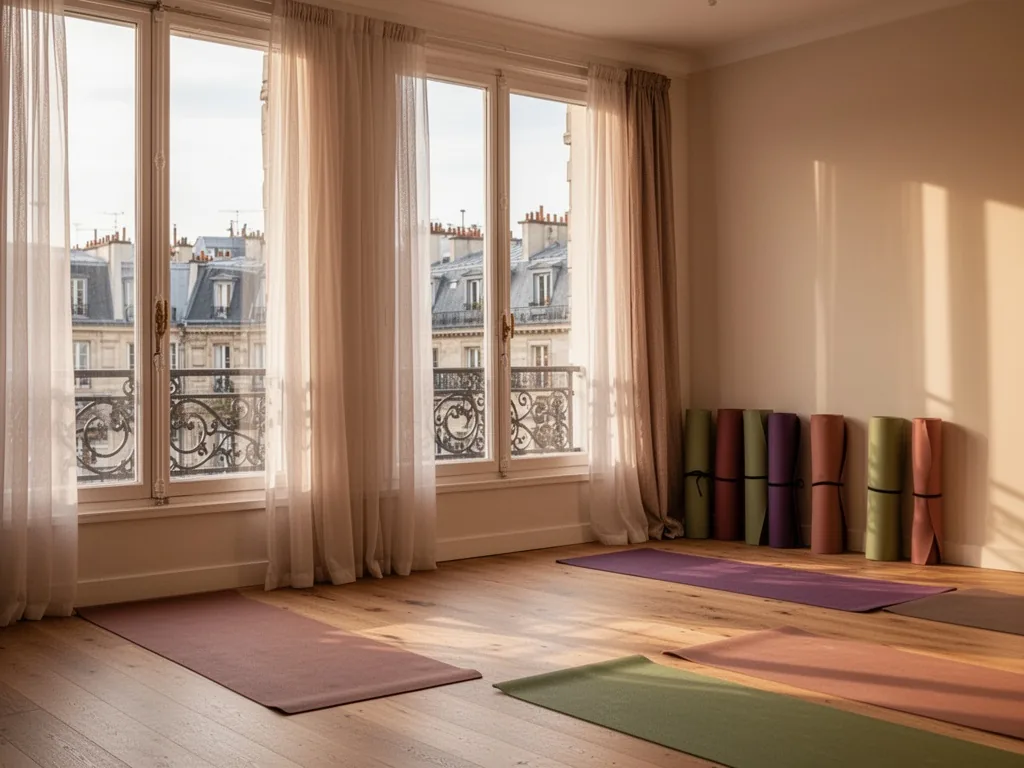 A bright yoga studio with large windows overlooking Paris rooftops, wooden floor, rolled mats against the wall, soft aft