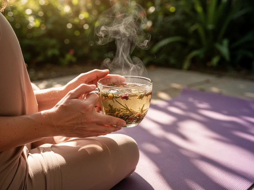 A person's hands holding a steaming cup of herbal tea, seated on a yoga mat, blurred greenery in background, warm sunlig