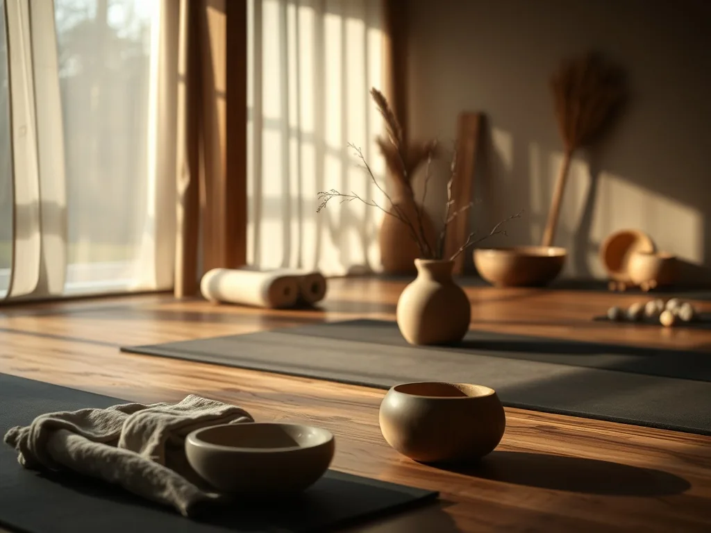 Une femme debout sur un tapis de yoga dans un studio parisien lumineux, les mains jointes devant la poitrine, yeux fermés, ambiance calme