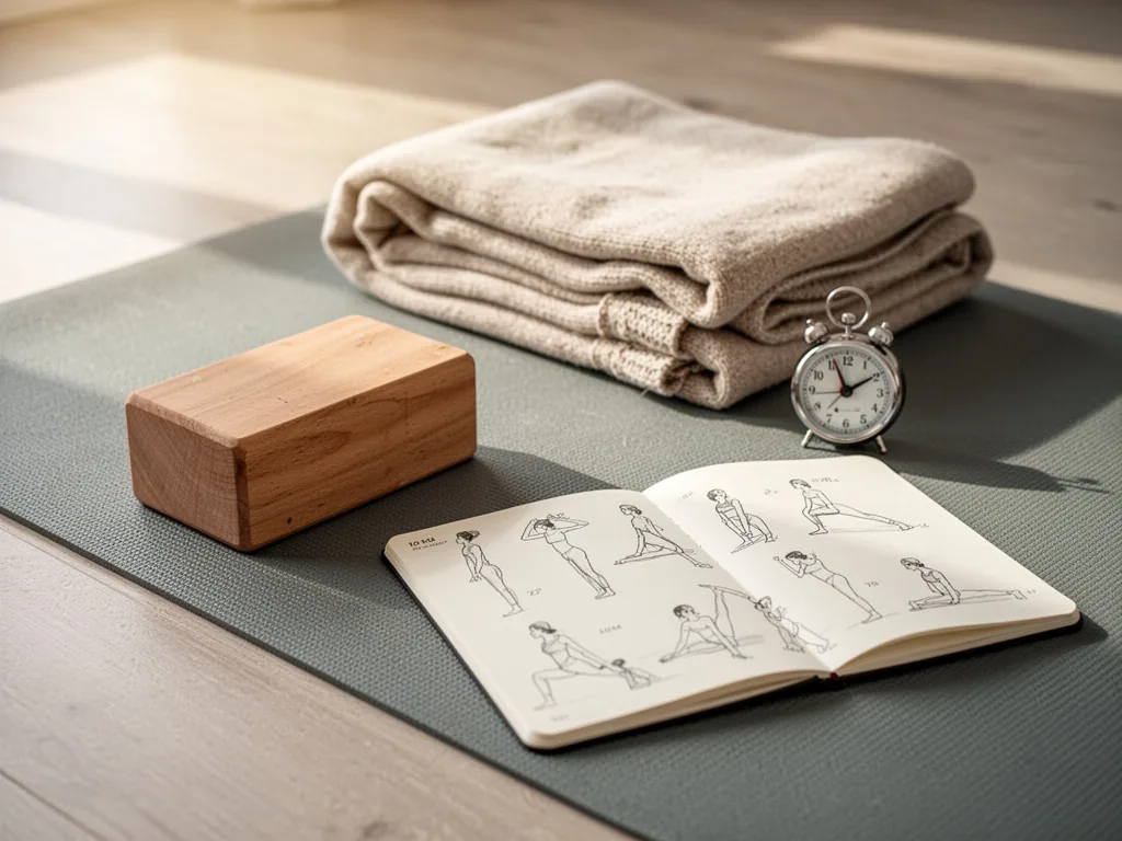 A yoga mat with a folded blanket, a wooden block, a small analog timer, and an open notebook with yoga pose sketches, so