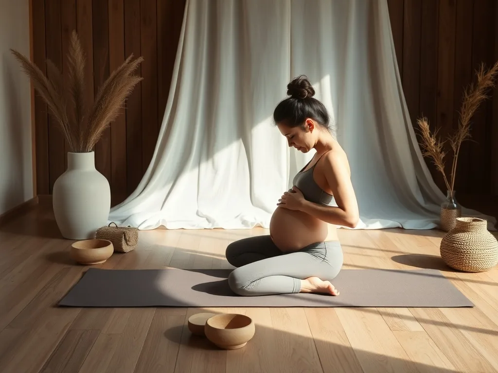 Femme enceinte au premier trimestre, assise les jambes croisées sur un tapis de yoga, mains posées sur le bas du ventre, visage serein tourné vers la fenêtre d’un salon lumineux