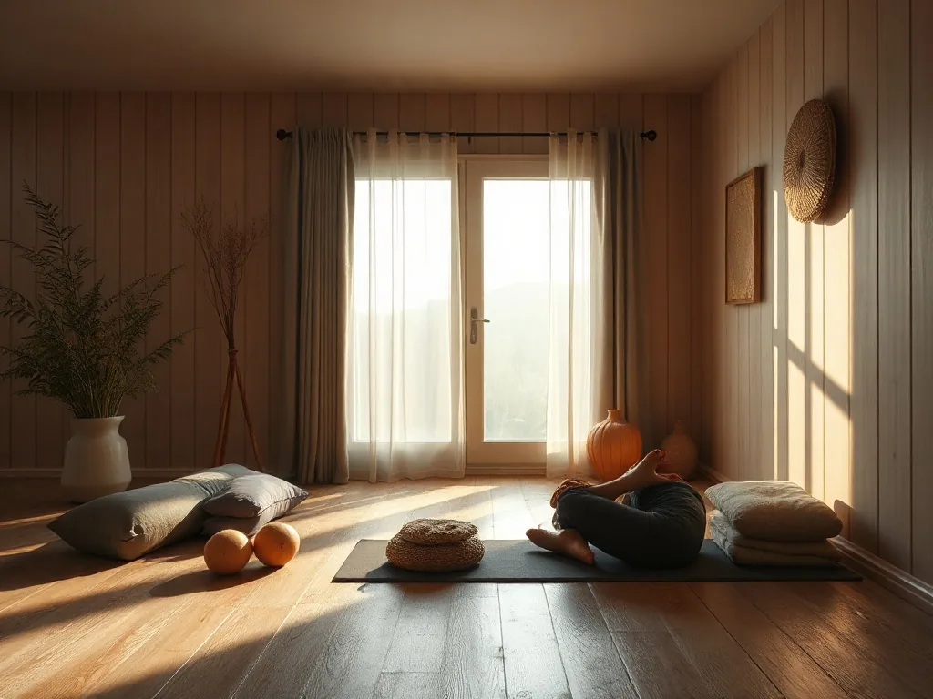 Une femme enceinte en posture de l'enfant sur un tapis de yoga à la maison, les mains jointes, lumière douce.